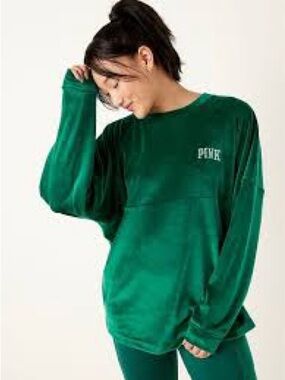 Victorias Secret PINK Varsity green Velour Sweatshirt Crew Neck Spirit Jersey XL